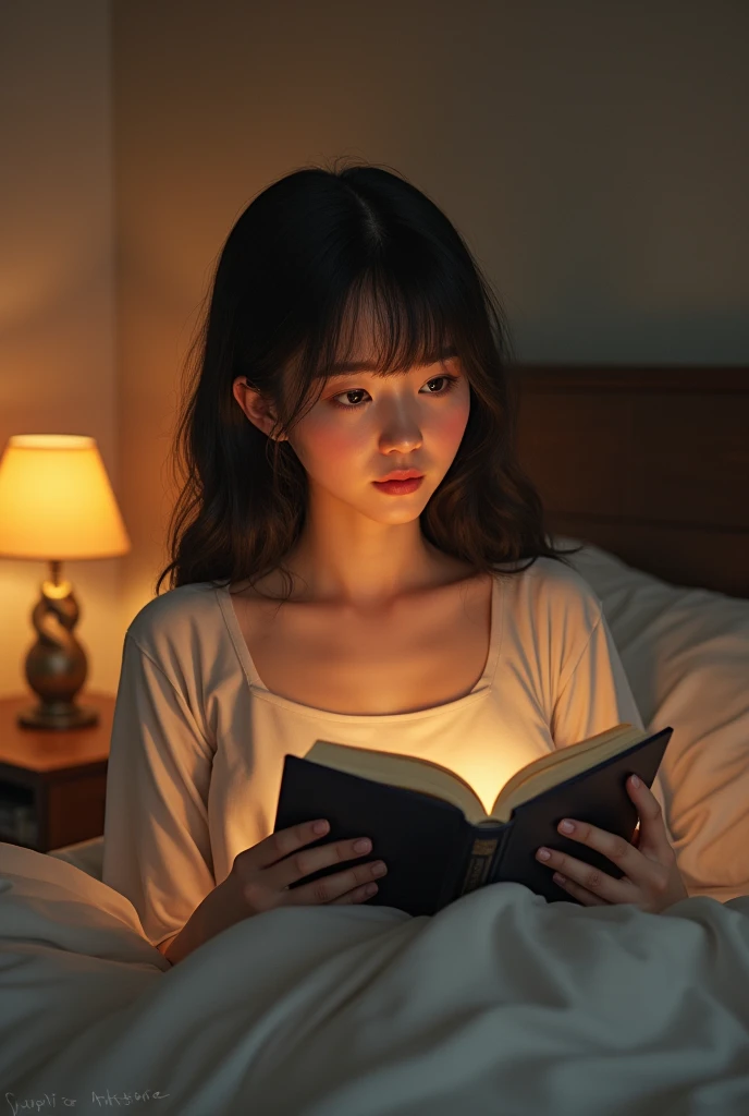 A girl in seari reading end with us both on bed qube on table