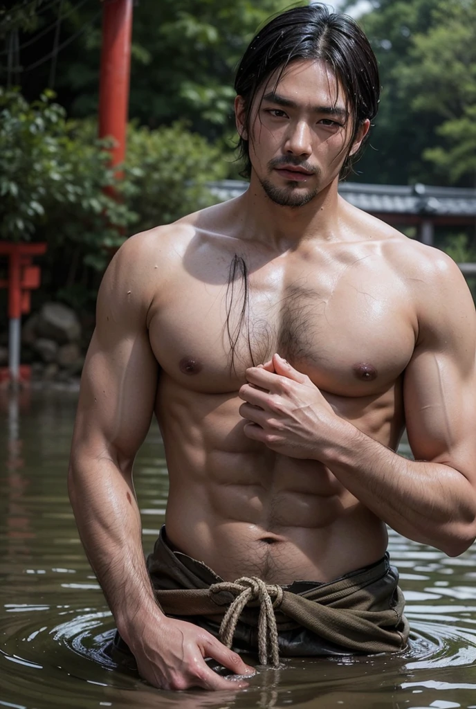 A handsome (Japanese) peasant, muddy, dirty, wet, raunchy outfit, provocative portrait, perfect face, (homoerotic:1.2), tall and burly, qualidade 8K, absurd textures details and quality