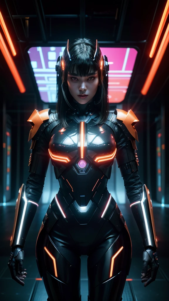 A captivating, high-quality image of a futuristic alien cyborg, featuring a female form dressed in sleek, black metallic armor adorned with vibrant orange accents. The armor is designed with intricate patterns and reflective surfaces, reflecting the neon space lights to create a dynamic, cinematic atmosphere. The cyborg's eyes glow with an otherworldly energy, and her mechanical limbs are seamlessly integrated with her sleek form. The background reveals a neon-lit cityscape, with towering structures and holographic displays, immersing the viewer into the futuristic world., cinematic