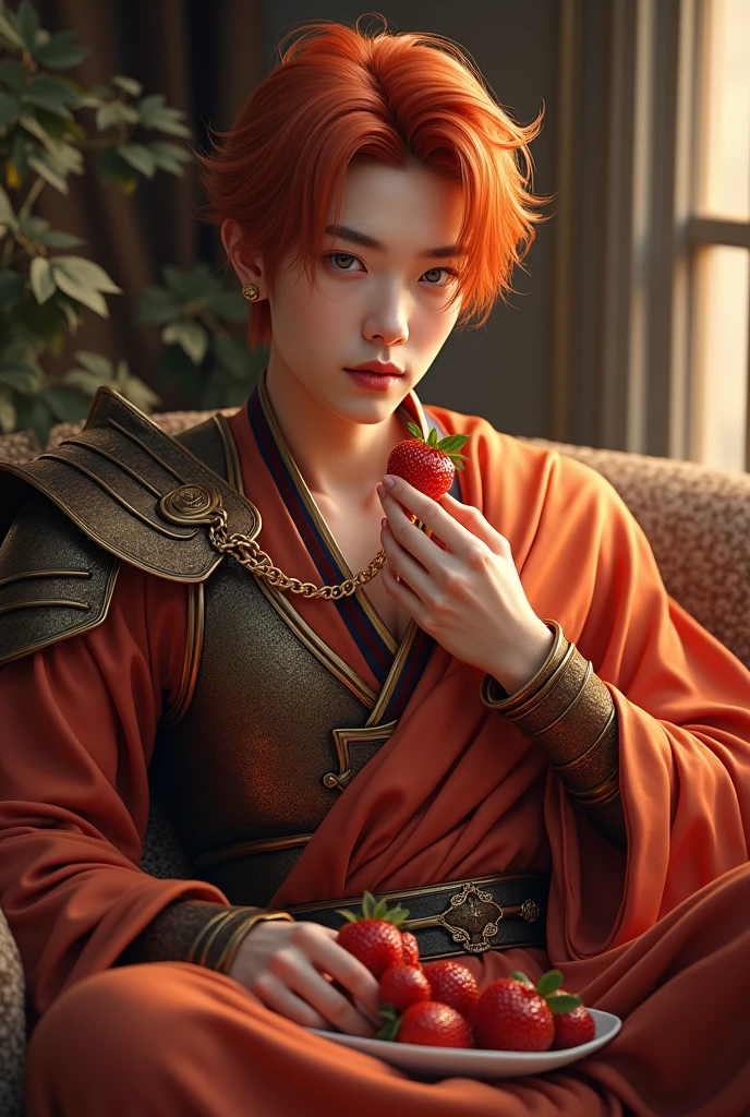 Yeonjun settles into the couch, his slender figure draped in bronze armor and silks. The comfort of the moment is reflected on your face as you enjoy fresh and delicious strawberries. Her bright orange hair stands out against her oval face, framed by defined eyebrows, a straight nose and full lips, tinted a vibrant pink by the fruit. Her gray eyes, captivating and sensual, complete a picture of singular beauty.