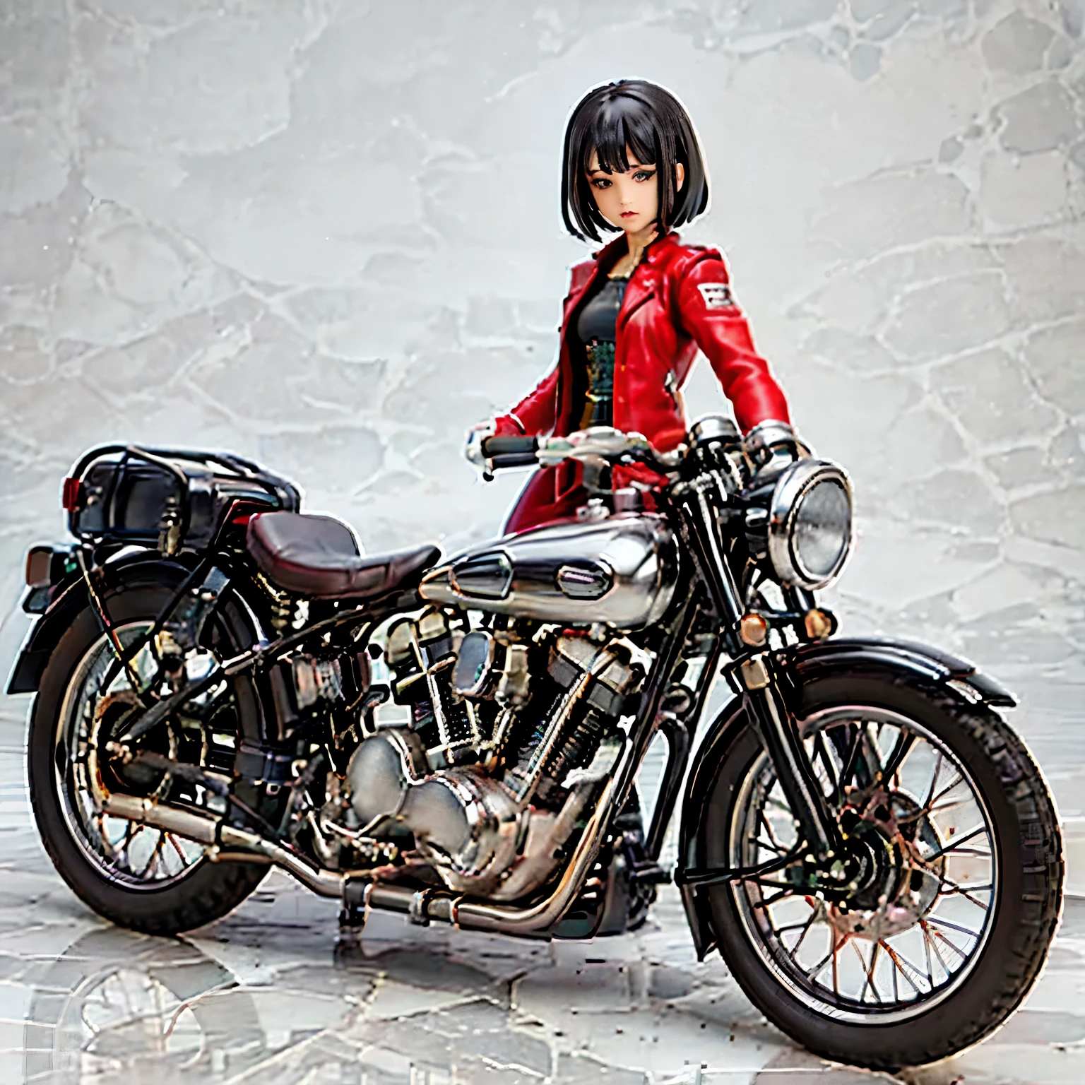 (Porcelain Doll)、(陶磁器people形)、(Ride a classic motorcycle:1.2 )、(Vintage Bikes、Bluff Superior SS100)、美しい若い日本people女性、Beautiful Face, Black Hair, Short Bob Hair, Red classic leather jacket、Leather shorts、boots、goggles、Photograph the entire motorcycle、(people々and motorcycle size balance is our top priority:1.2)、Blur the background、((No background))、((White Background))、((A plain background))、((No logo))、(Highest quality、High resolution、masterpiece)、3d、4K、8k、wallpaper、