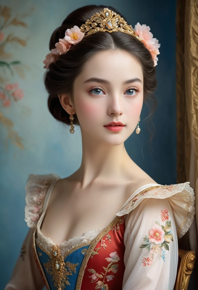 (high resolution,masterpiece:1.2),(Practical:1.37)"(best quality, high resolution, Extremely detailed, Practical),Beautiful portrait of a 19th century French ballerina, (She is of French and Japanese descent., She is a beautiful woman,With deep blue eyes and a high nose:1.1), Exquisite ballet costumes, Detailed facial features, Slender and graceful neck, Flowing long hair, Elegant Posture, Soft and delicate lighting, Oil painting medium, Vibrant colors, Subtle background with floral pattern"