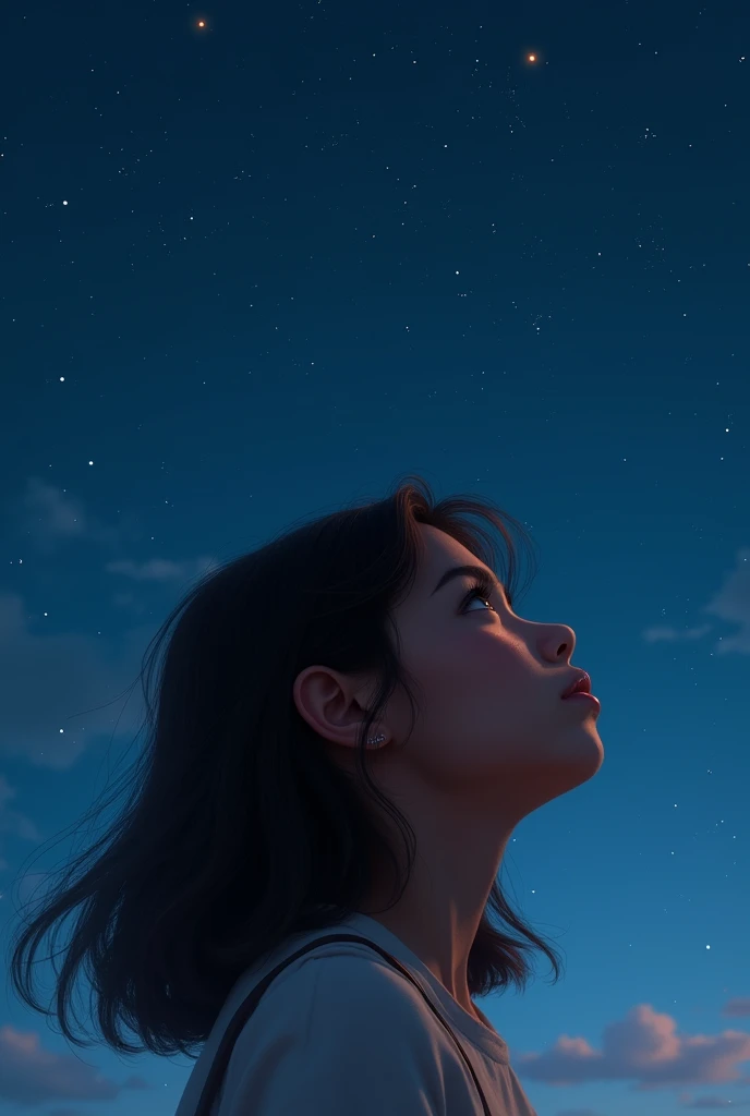 Image of a Latina girl with loose, medium-long hair in profile looking at the night sky, the girl who is not so close in the picture