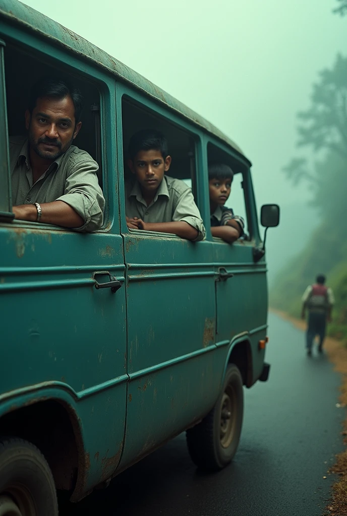 cinematic, photo realistic film poster of a 3 man driving old van, boy sitting beside him in school dress, little kids in second row wearing school dress, early morning, mist, Darjeeling outskirt road