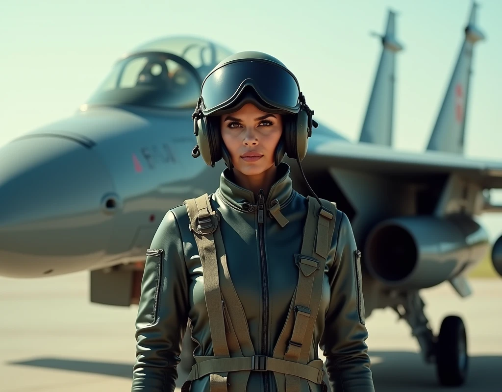 Priyanka chopra wearing a fighter pilot suit, wearing a pilot helmet and oxygen mask, standing beside a mig21, full body view,