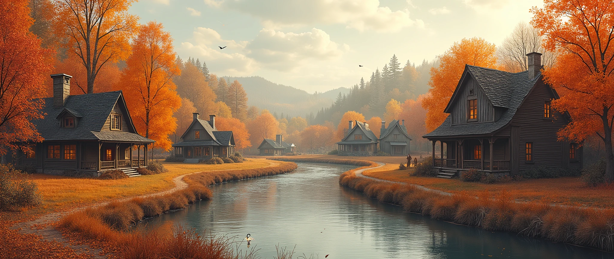 Fall Autumn Aesthetic,Halloween,Dark Village,Town Rustic,Cozy, landscape ,Rustic Orange Maple Leaf Village,Scenery, water color