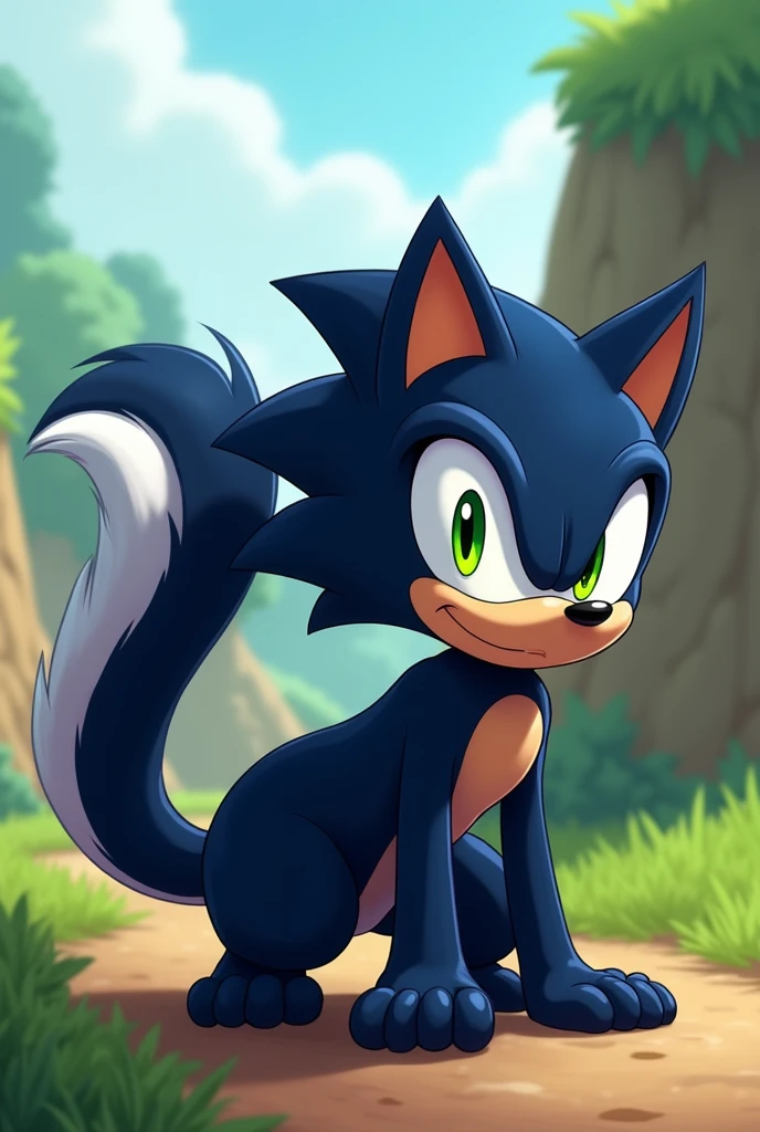 A dark blue skunk with green eyes in the style of Sonic animation please
