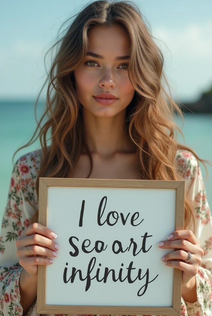 Beautiful girl with wavy long hair, bohemian dress, holding a white board with text "I Love Seaart Infinity" and showing it to the viewer