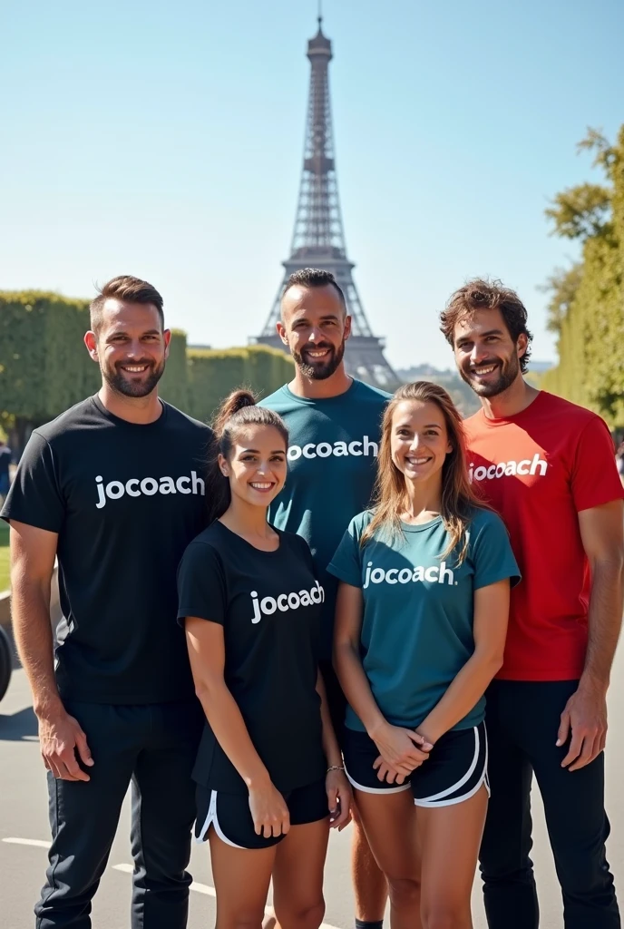 Réalises moi une photo de sportif de groupe avec 5 personnes hommes et femmes, de face avec un teeshirt où il est écrit dessus jocoach ils sont en tenue de sportif. Cette photo est en extérieur à Paris
