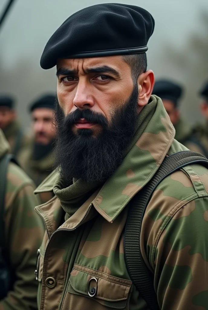 Create an image of a strong, bearded Iranian man, with a serious expression. He wears a camouflage combat uniform, with green and brown details, typical of the army. in the head, wears a tilted black beret. His beard is full and well trimmed.. The background should suggest a military setting or training area., transmitting an atmosphere of seriousness and discipline.