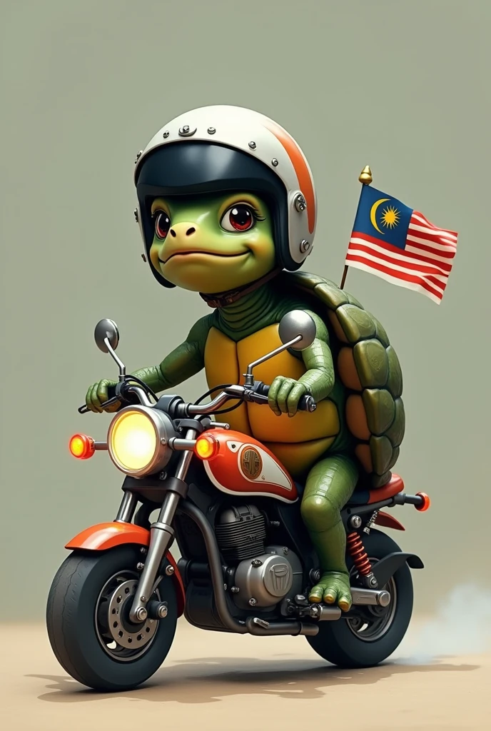 a turtle riding a kapcai motorcycle wearing a helmet. there is a Terenganu flag on the motorcycle