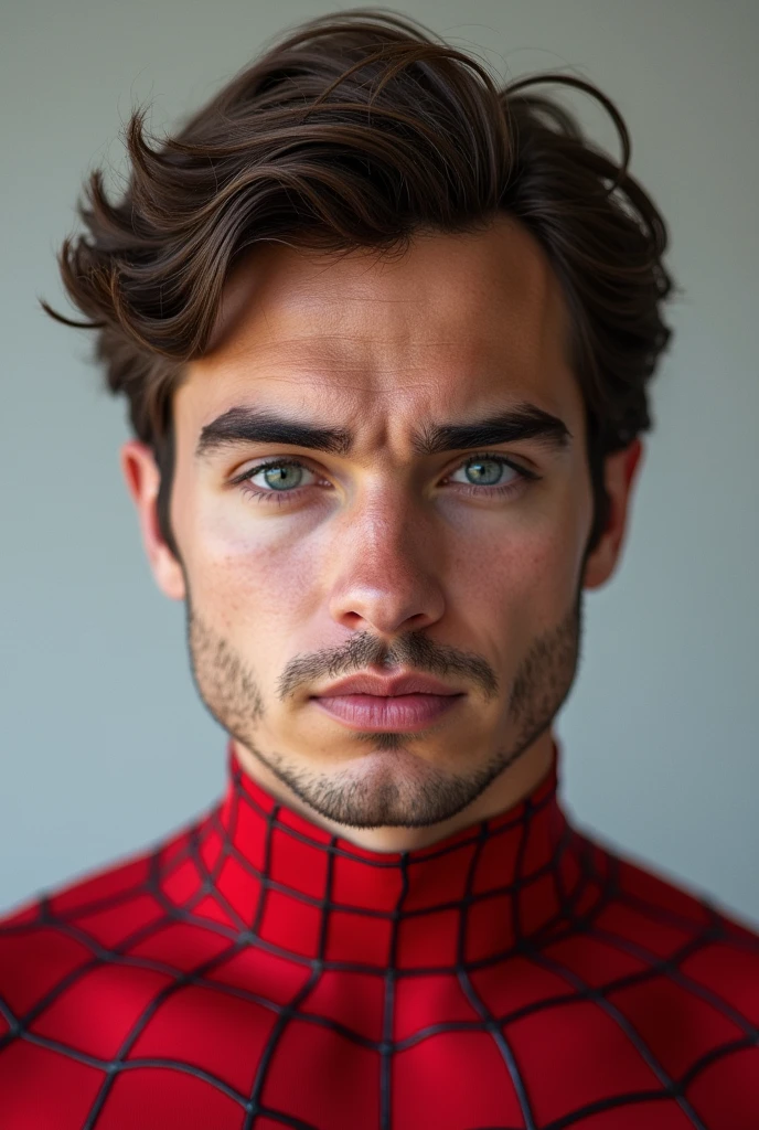 A photograph of spider man, no mask, 20 yo, handsome, detailed face, looking at camera, portrait, 8k uhd, high quality