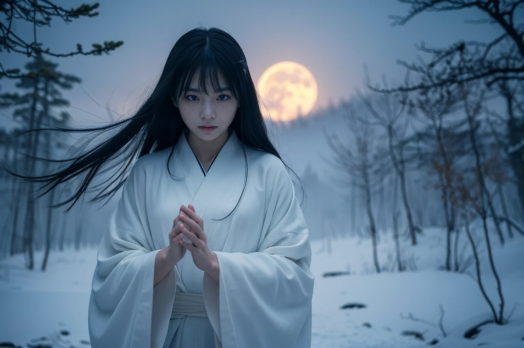 **Prompt:** Create an ultra-realistic 8K image of Yuki-onna, the snow spirit from Japanese folklore, reimagined as the terrifying star of a horror movie. Yuki-onna retains her iconic features: pale, almost translucent skin that glows eerily in the moonlight, and long, jet-black hair that cascades down her back, partially obscuring her face. Her icy blue eyes pierce through the darkness with a haunting, otherworldly gaze. She wears a tattered white kimono that blends into the snowy landscape, making her appear as if she is emerging from the very ice itself.

The scene is set in a desolate, snow-covered forest under a full moon. The trees are bare, their twisted branches reaching out like claws. A chilling mist rolls through, shrouding the ground in an eerie fog. Yuki-onna stands in the foreground, her expression cold and emotionless, with a sinister smile just beginning to form. Her hands, elongated with sharp, claw-like nails, reach out as if to grasp the viewer, while the air around her freezes, creating a crackling sound that adds to the tension.

The atmosphere is filled with dread, as if the viewer is witnessing a moment of impending doom. The background reveals faint silhouettes of ghostly figures in the mist, hinting at the souls she has claimed. This image captures Yuki-onna as the ultimate horror movie villain—beautiful yet deadly, embodying the essence of fear in a cold, unforgiving landscape.