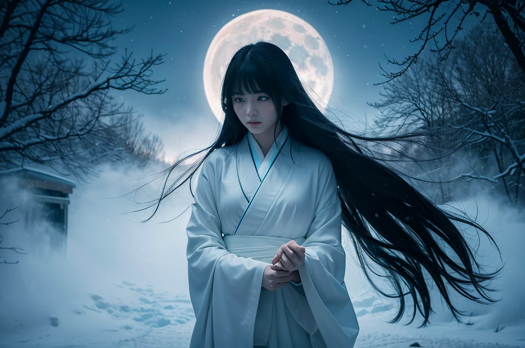 **Prompt:** Create an ultra-realistic 8K image of Yuki-onna, the snow spirit from Japanese folklore, reimagined as the terrifying star of a horror movie. Yuki-onna retains her iconic features: pale, almost translucent skin that glows eerily in the moonlight, and long, jet-black hair that cascades down her back, partially obscuring her face. Her icy blue eyes pierce through the darkness with a haunting, otherworldly gaze. She wears a tattered white kimono that blends into the snowy landscape, making her appear as if she is emerging from the very ice itself.

The scene is set in a desolate, snow-covered forest under a full moon. The trees are bare, their twisted branches reaching out like claws. A chilling mist rolls through, shrouding the ground in an eerie fog. Yuki-onna stands in the foreground, her expression cold and emotionless, with a sinister smile just beginning to form. Her hands, elongated with sharp, claw-like nails, reach out as if to grasp the viewer, while the air around her freezes, creating a crackling sound that adds to the tension.

The atmosphere is filled with dread, as if the viewer is witnessing a moment of impending doom. The background reveals faint silhouettes of ghostly figures in the mist, hinting at the souls she has claimed. This image captures Yuki-onna as the ultimate horror movie villain—beautiful yet deadly, embodying the essence of fear in a cold, unforgiving landscape.