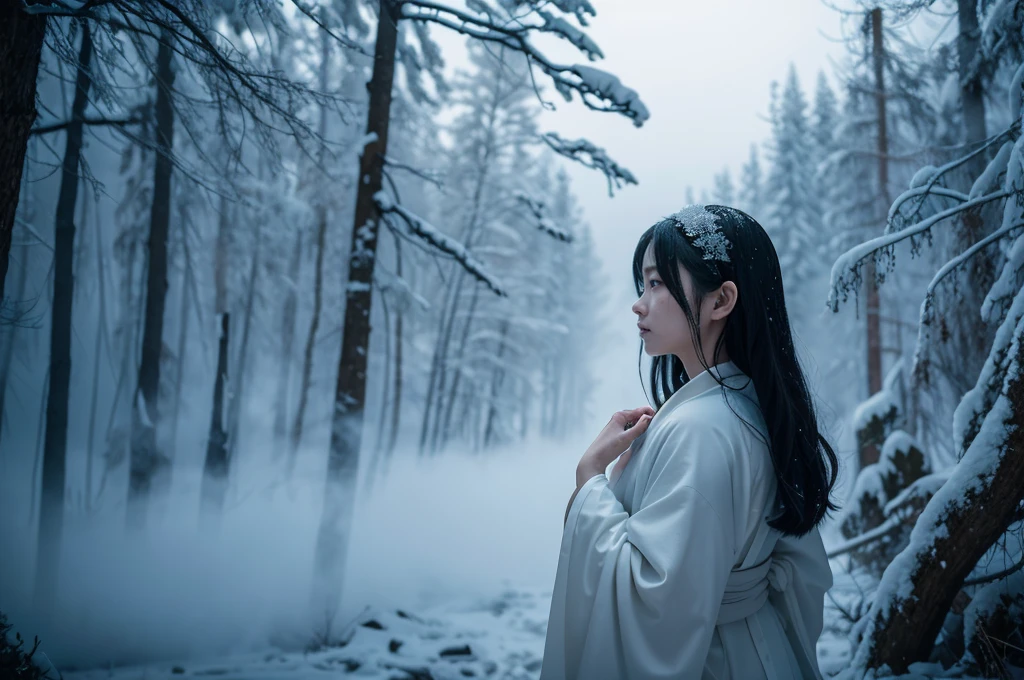 **Prompt:** Create an ultra-realistic 8K image of Yuki-onna, the snow spirit from Japanese folklore, reimagined as the terrifying star of a horror movie. Yuki-onna retains her iconic features: pale, almost translucent skin that glows eerily in the moonlight, and long, jet-black hair that cascades down her back, partially obscuring her face. Her icy blue eyes pierce through the darkness with a haunting, otherworldly gaze. She wears a tattered white kimono that blends into the snowy landscape, making her appear as if she is emerging from the very ice itself.
The scene is set in a desolate, snow-covered forest under a full moon. The trees are bare, their twisted branches reaching out like claws. A chilling mist rolls through, shrouding the ground in an eerie fog. Yuki-onna stands in the foreground, her expression cold and emotionless, with a sinister smile just beginning to form. Her hands, elongated with sharp, claw-like nails, reach out as if to grasp the viewer, while the air around her freezes, creating a crackling sound that adds to the tension.
The atmosphere is filled with dread, as if the viewer is witnessing a moment of impending doom. The background reveals faint silhouettes of ghostly figures in the mist, hinting at the souls she has claimed. This image captures Yuki-onna as the ultimate horror movie villain—beautiful yet deadly, embodying the essence of fear in a cold, unforgiving landscape.