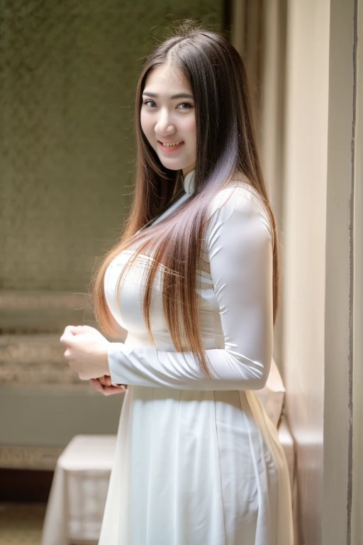 1 girl, ao dai, white dress, long hair, perfect anatomy, perfect body, perfect lighting, beautiful face, best quality, huge breasts, visible white bra under dress , in house, in room, showing off body, sexy, hands hugging breasts, view from the side, beautiful breasts, exposed chest