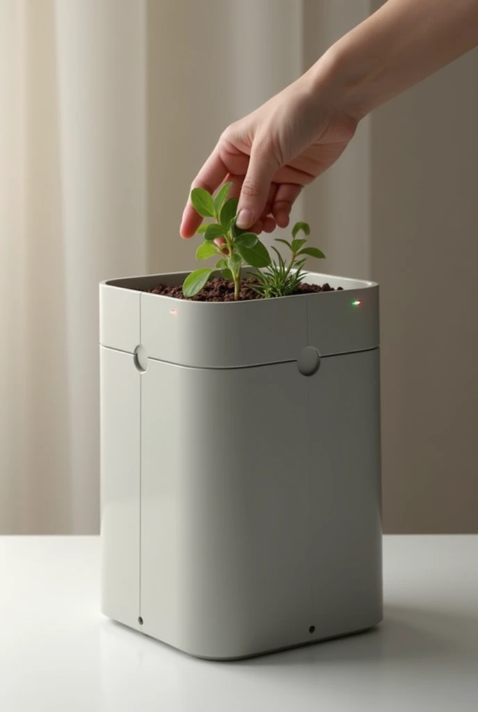 Minimalist style smart trash can that turns food scraps into compost