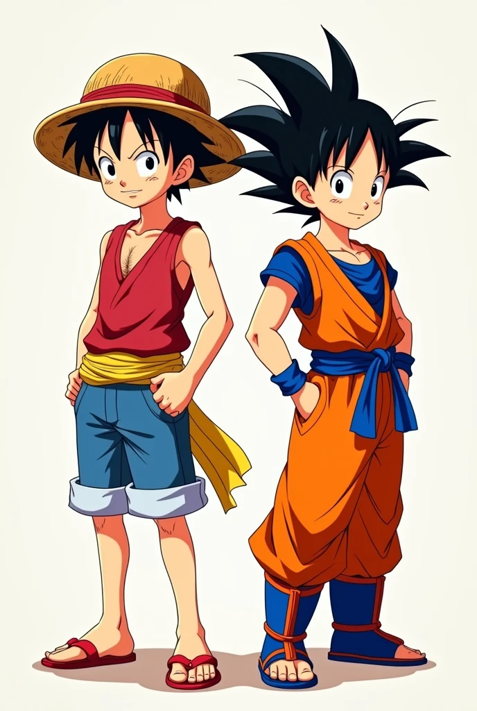 Anime style depiction of 2boys, BREAK, 1boy, Luffy from One piece, straw hat, red sleeveless shirt, blues jeans shorts, a scar under his left eye, BREAK, 2boy, second boy Goku from Dragon ball Z, wearing orange gi with a blue undershirt, wristbands, and boots,