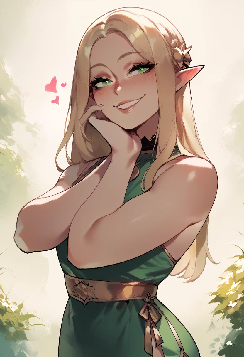 score_9, score_8_up, score_7_up, score_6_up, pretty green elf woman with long blonde hair, horny face, desire, green eyes, closeup, attractive smile, (heart shape), thin summer dress, perfect slim body
