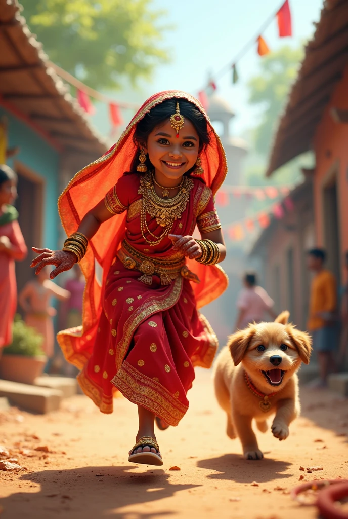 The indian bride is running after the dog 