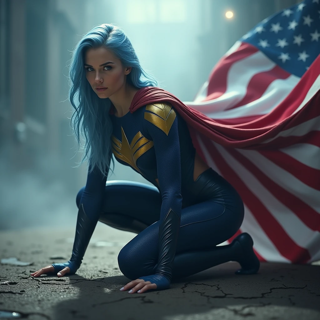 A powerful superhero character in a dramatic action pose, kneeling on one knee with her fist on the ground, causing small cracks on the surface. She wears a dark blue, textured bodysuit with golden accents on the shoulders and arms. She have got long light blue hair, and she has a stern, determined expression on her face. A large American flag cape billows behind her, adding a sense of movement to the scene. The atmosphere around her is misty, with beams of light piercing through the clouds, highlighting the figure in a heroic manner