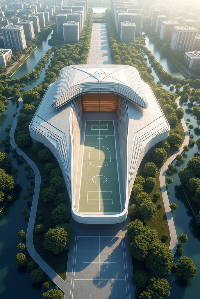 Generate a court that has a symbolic cover that takes into account the concepts of hierarchy, rhythm and focal point. Viewed from outside, this must be an architectural proposal in the form of an aerial view with innovative technological characteristics.
