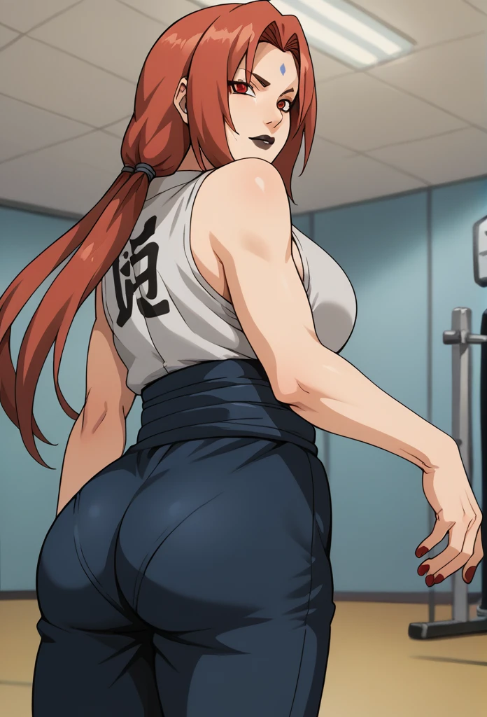 score_9, score_8_up, score_7_up, BREAK, score_9, ChopioTsunade, red hair, long hair, low twintails, hair tie, red eyes, forehead mark, black lipstick, mature female, large breasts, red nails, outfit_2,  gym ouifit sleeveless , collarbone, blue obi, blue pants leggin , solo, 1girl, looking at viewer, cowboy shot, ass, from behind, gym