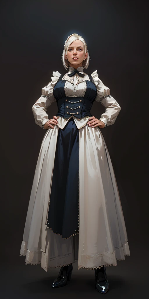 (black background) 1soloefemale, full body low angle, from below, A detailed, 8K high-definition digital art masterpiece depicts a muscular, white-haired female paladin templar in a Victorian maid outfit, standing symmetrically with her hands on her hips, viewed from below
