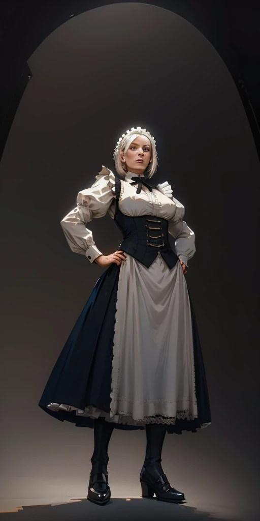 (black background) 1soloefemale, full body low angle, from below, A detailed, 8K high-definition digital art masterpiece depicts a muscular, white-haired female paladin templar in a Victorian maid outfit, standing symmetrically with her hands on her hips, viewed from below
