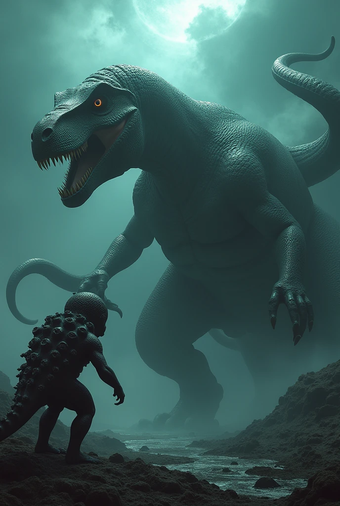 Giantic and horror dinosaur plus octopus plus light