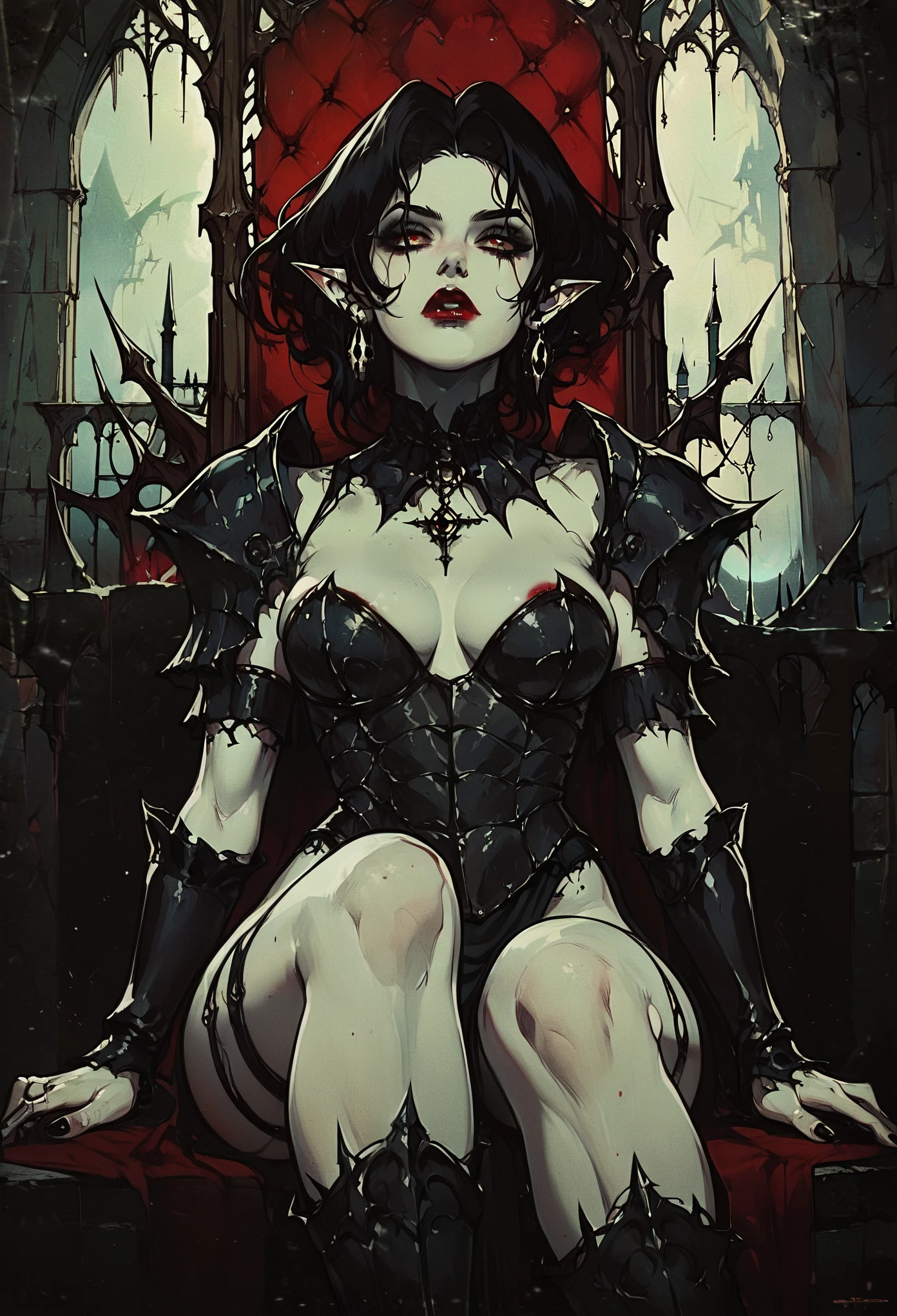 vampires, thick black hair pale skin, Eyes red, Red lips, Black armor with red details, with pointy ears, dark, dark Castle, fully body, SITTING ON A THRONE