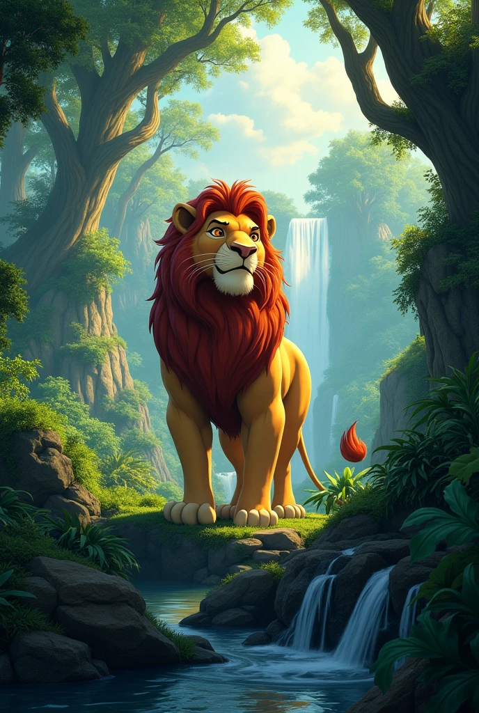 A lion King setting in a jungle 
