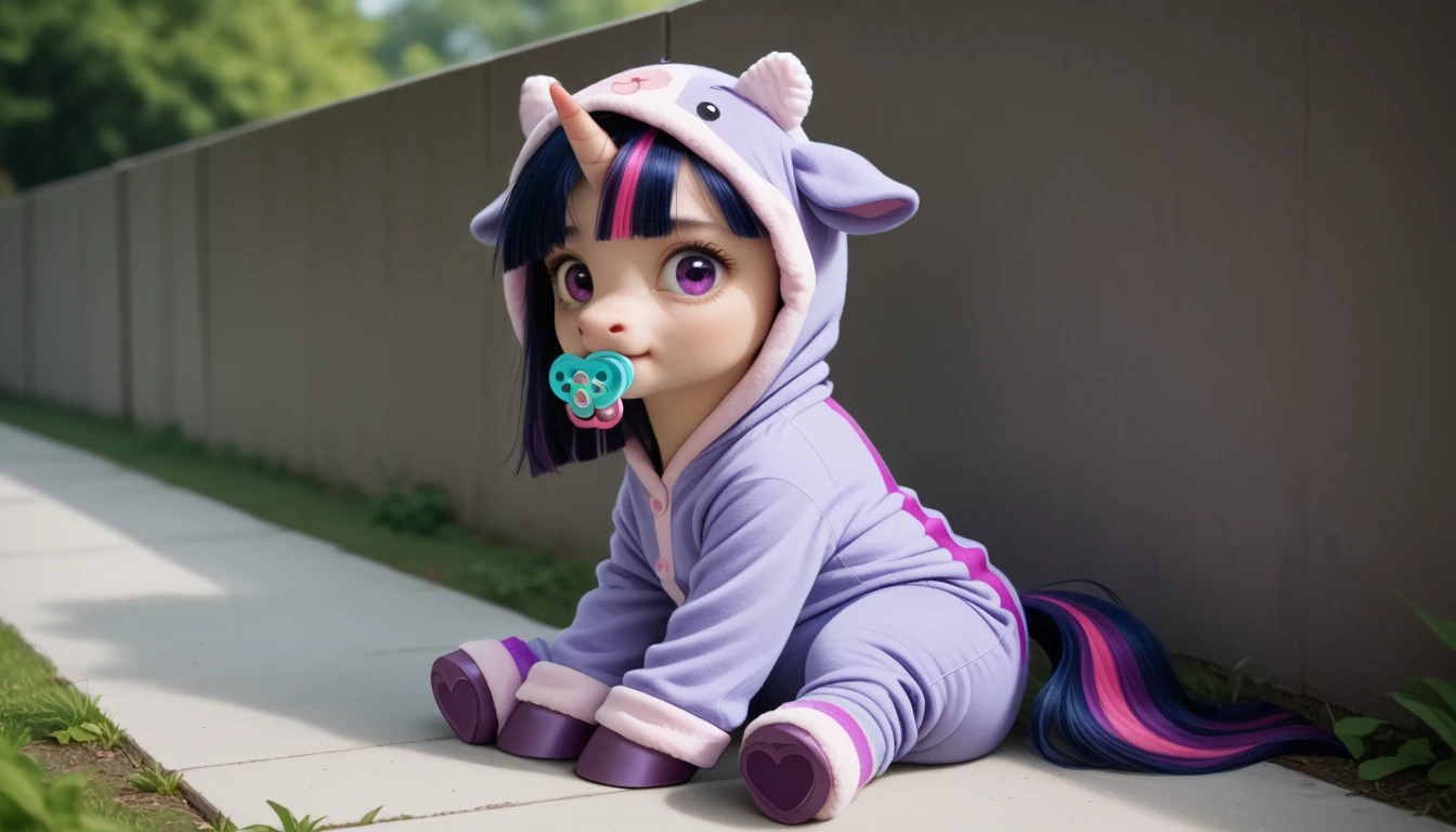 pony, Unicorn, purple wool, dark blue mane with purple streak and pink streak, the tail is dark blue with a purple strand and a pink strand, purple eyes, sitting outside, adult filly, dressed in a onesie and booties, pacifier in mouth, solo, thick diaper under clothes.