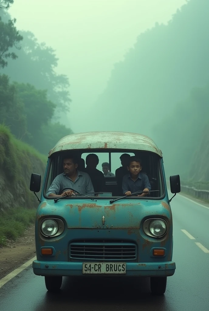 cinematic, photo realistic film poster of a 3 man driving old van, boy sitting beside him in school dress, frontal camera shot , little in second row wearing school dress, early morning, mist, Darjeeling outskirt road