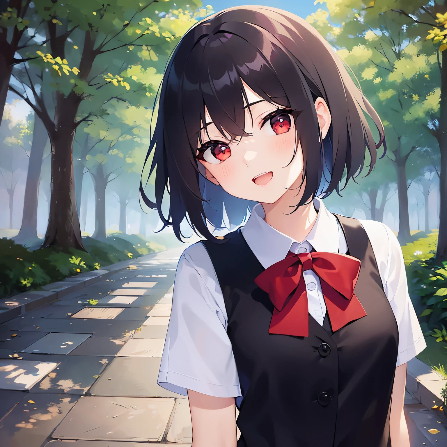 arms behind back、head tilt、Upper Body, (pale skin:1.2), shiny skin, shiny hair、(1 female) and (bob cut) and (wavy hair) and (hair between eyes) and (black hair) and (red eyes), school uniform, (white collared shirt) 、Red ribbon、smile, open mouth, Alone、The background is a park、Are standing