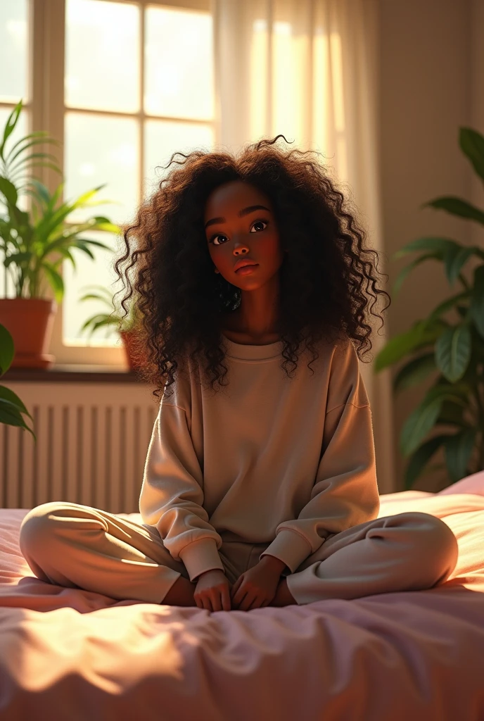 (photorealism:1.2), Muncho Lee, sitting on bed, outdoors in lekki, pajama pants, long curly hair, indoors, soft lighting, plants in background, window with sunlight, cozy room, relaxed pose, realistic, intricate details, warm colors, by Greg Rutkowski, by Alphonse Mucha