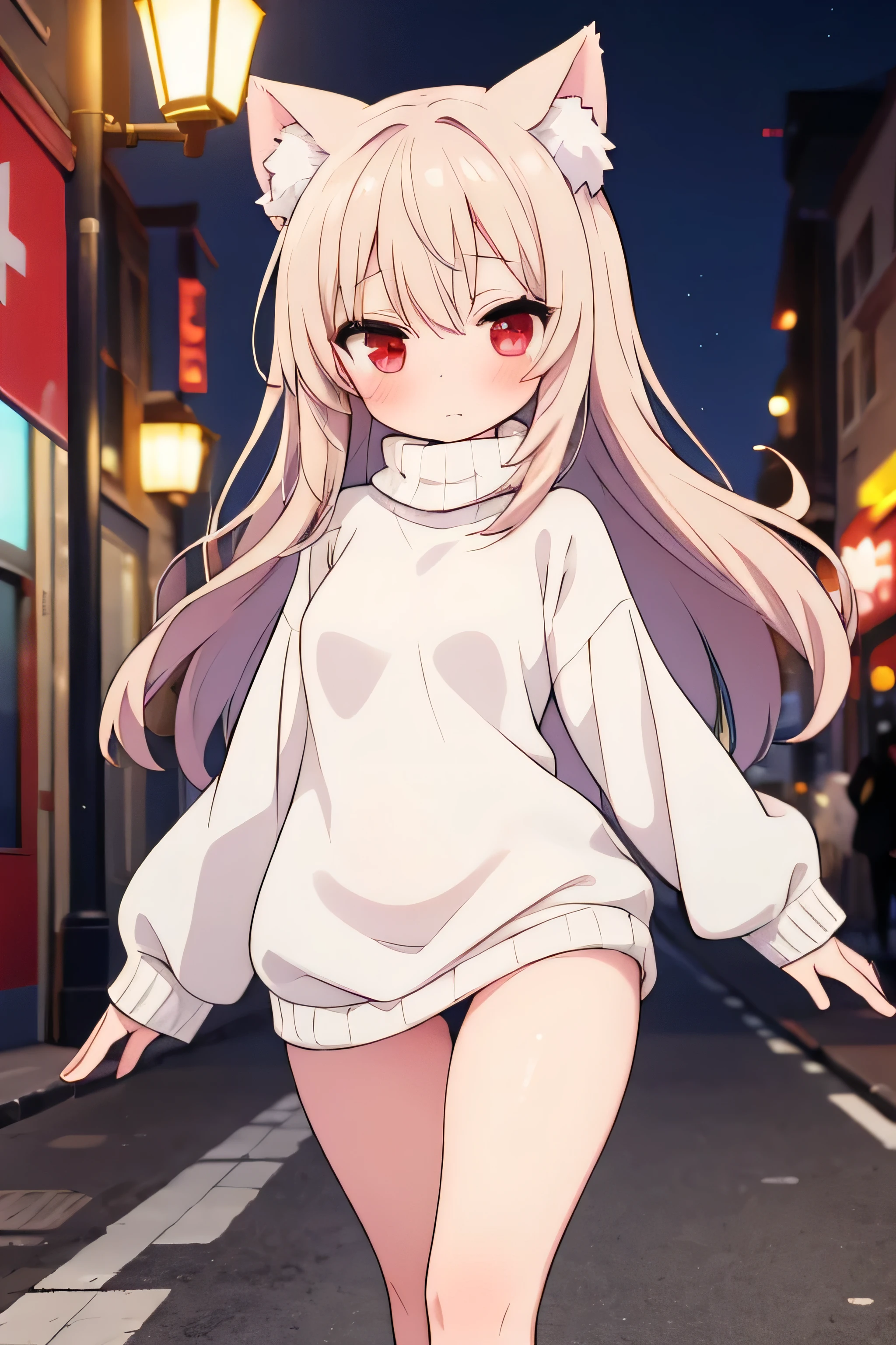 (masterpiece) 1 girl, simple background, Red eyes, A , with wide hips and big thighs, small breasts, wearing only a baggy sweater that reaches down to her thighs, Looking down, looking at the viewer, cat ears, blush, walking down a street at night