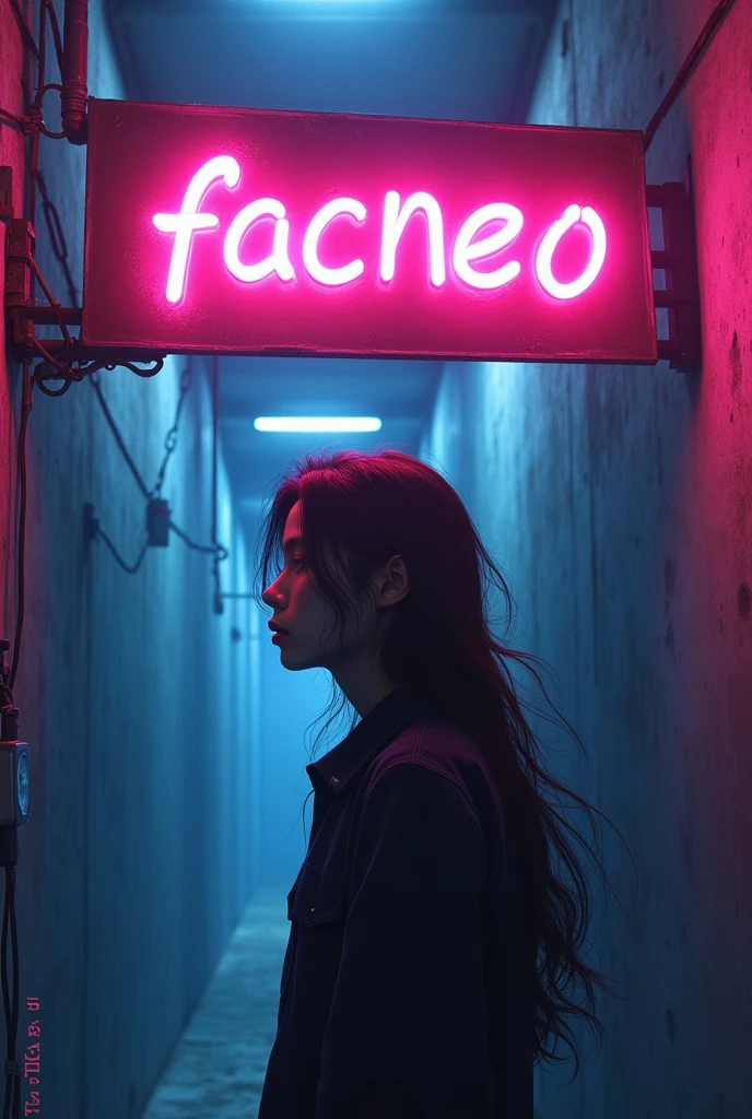 A sign that says the word facneo and a boy with long Asian hair that looks like DPR ian in a dark place