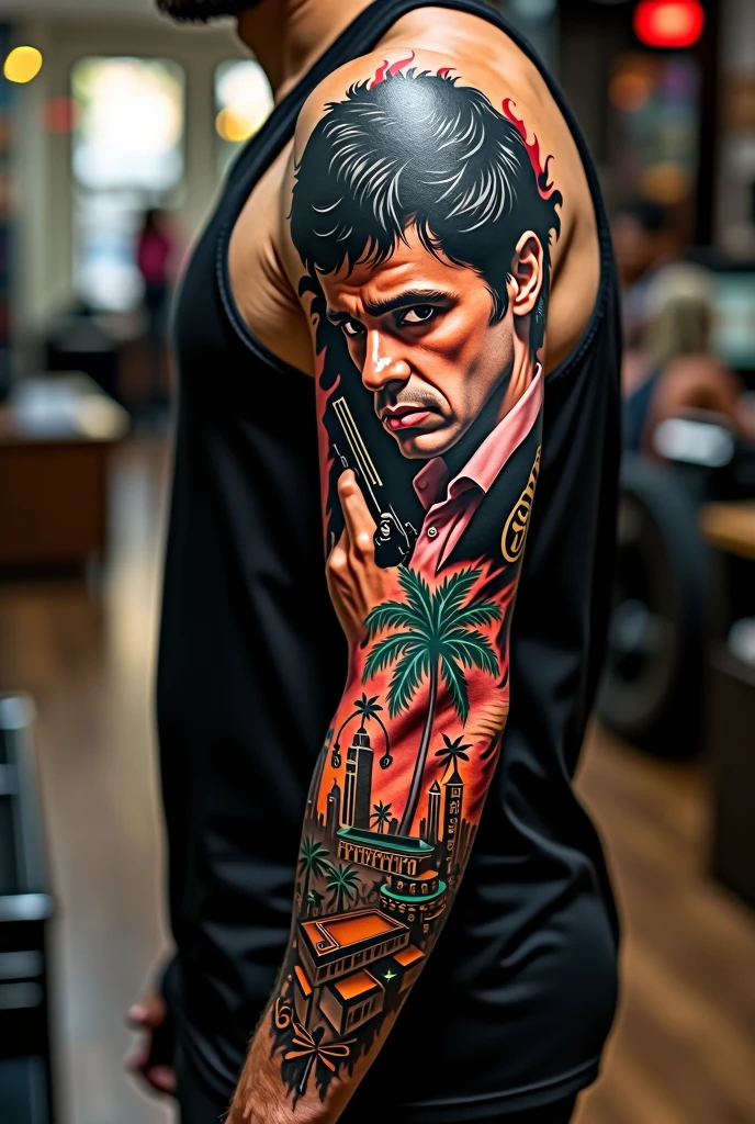 Scarface movie tattoo with the powerful boss all over the arm and various elements from the movie