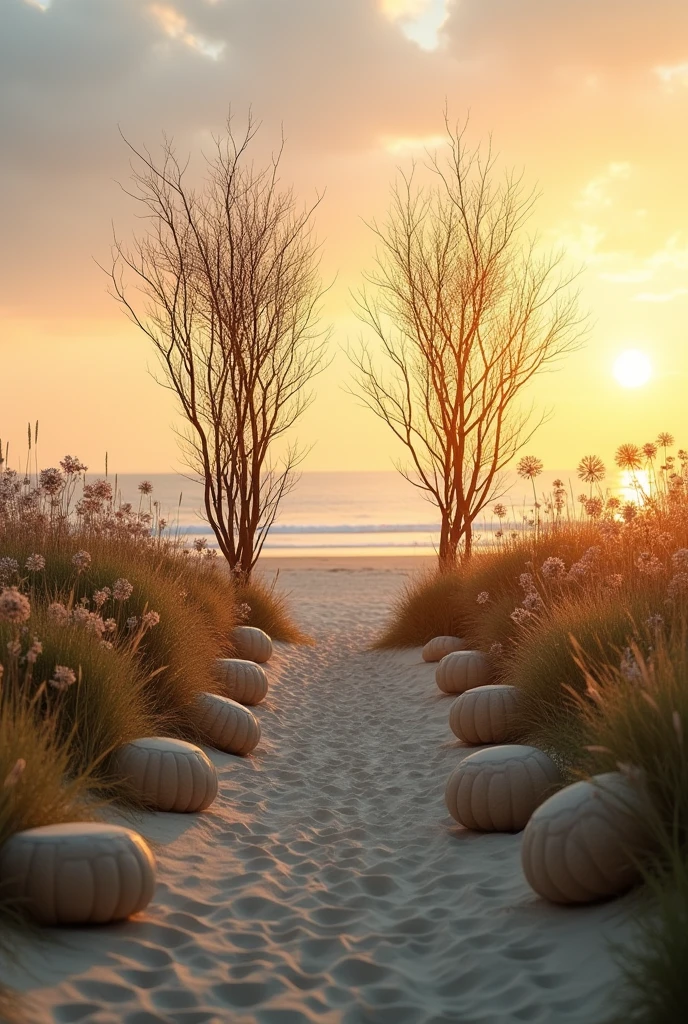 Romantic scene on the beach during sunset. A sandy path leads to two lonely bushes taller than a man with thin, winding branches., emphasizing the central composition of the photo. On both sides of the path, single and grouped thin, tall wild flowers of delicate shades and tall grass are sparsely inserted.. Round beige stools line the path.. The sky is painted in warm sunset tones, from light yellow at the horizon to bluish above..