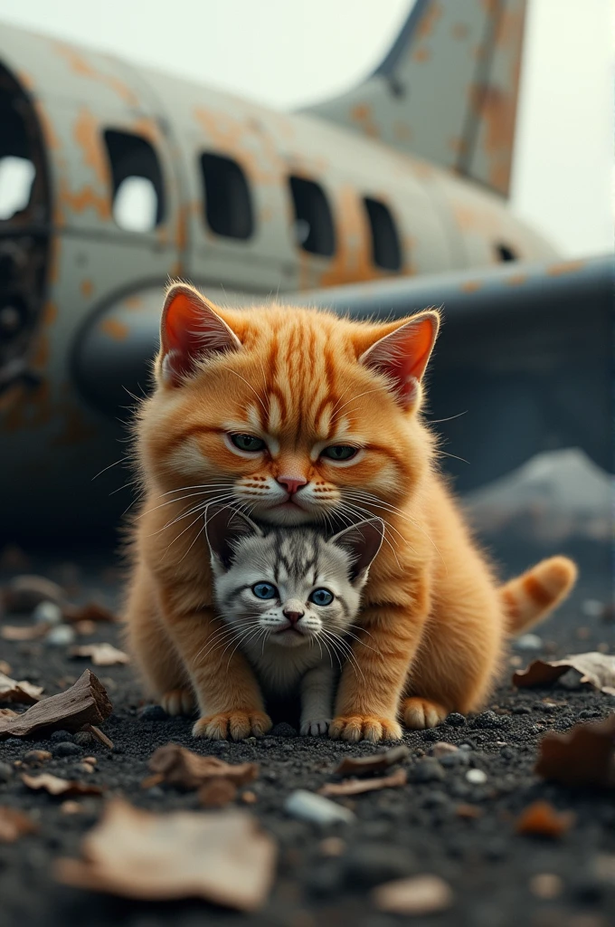 The chubby orange cat crying near the wreckage of a plane, holding his soot-covered kitten close, both looking scared but unharmed.