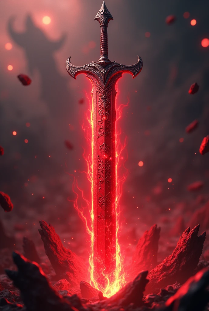 a sword similar to the nirvana sword from the anime record of ragnork made of a bright red metal and engraved with several symbols of blood and veins pulsing on its surface. drawn and animated