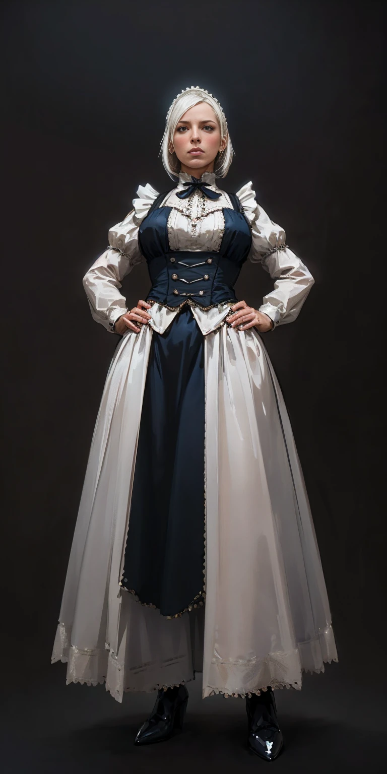 (black background) oloefemale, full body low angle, from below, A detailed, 8K high-definition digital art masterpiece depicts a muscular, white-haired female paladin templar in a Victorian maid outfit, standing symmetrically with her hands on her hips, viewed from below