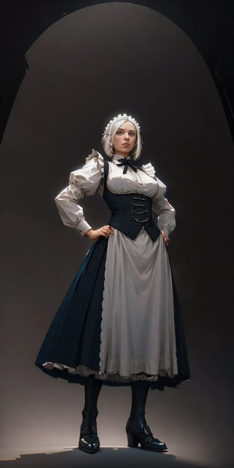 (black background) 1soloefemale, full body low angle, from below, A detailed, 8K high-definition digital art masterpiece depicts a muscular, white-haired female paladin templar in a Victorian maid outfit, standing symmetrically with her hands on her hips, viewed from below