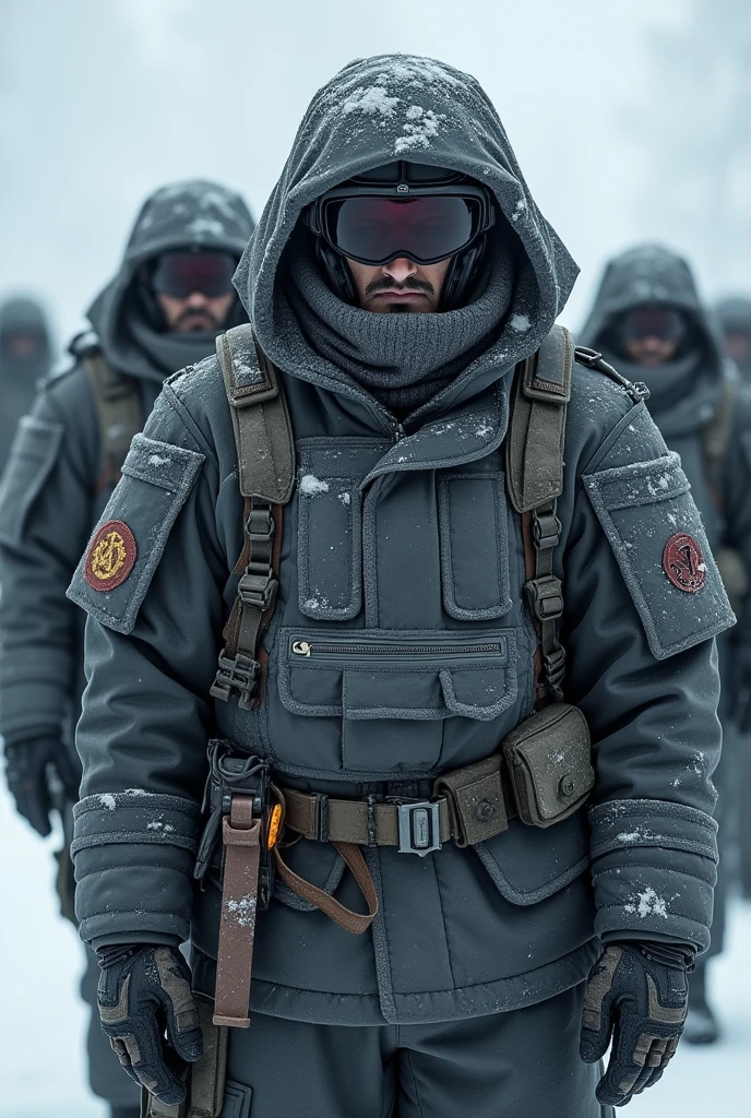 Soldiers of the Guard of the Republic wear armored combat uniforms reminiscent of pre-World War II tactical armor., but adapted to the extreme temperatures of Canada. They wear thick layers and scarves to protect themselves from the cold., In addition to helmets with thermal visors. The uniforms are dark grey., (with the Fallout style)