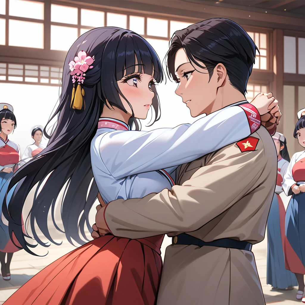 ((Highest quality)), ((masterpiece)), (detailed), （Perfect Face）、The woman is Reika Aoki with semi-long hair、The woman is a member of the North Korean pleasure squad, and wears a charming North Korean traditional dress and dances for the general, making him fall in love with her.