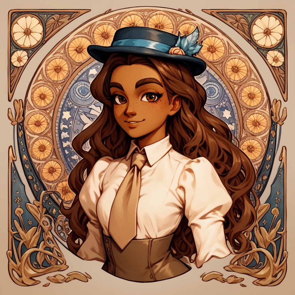 masterpiece, art nouveau,  franimel, long hair untill hips, brown skin, brown eyes, freckles, hat, beige tie, light smile, look at viewer, hands behind, half body view