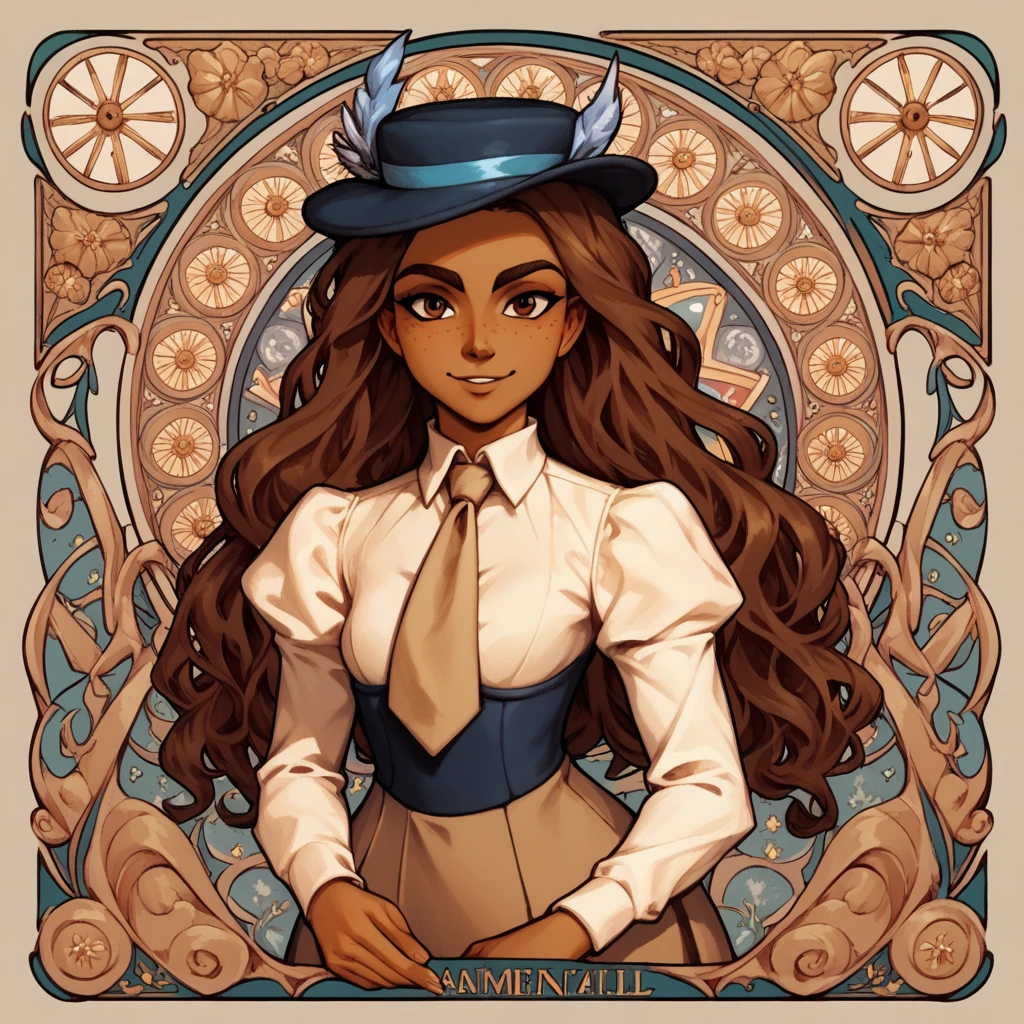 masterpiece, art nouveau,  franimel, long hair untill hips, brown skin, brown eyes, freckles, hat, beige tie, light smile, look at viewer, hands behind, half body view