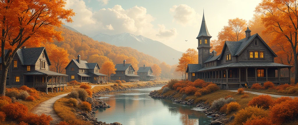 Fall Autumn Aesthetic,Halloween,Dark Village,Town Rustic,Cozy, landscape ,Rustic Orange Maple Leaf Village,Scenery, water color