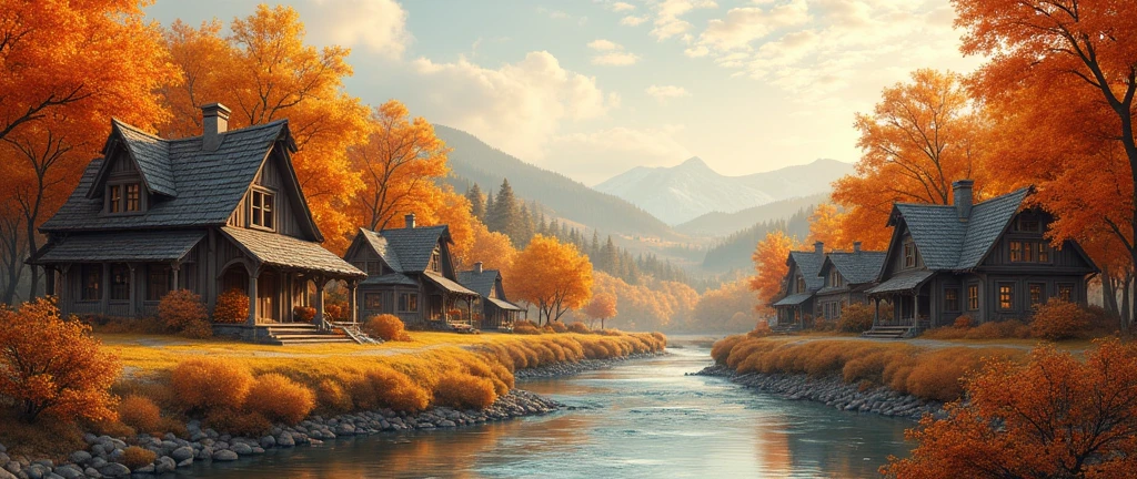 Fall Autumn Aesthetic,Halloween,Dark Village,Town Rustic,Cozy, landscape ,Rustic Orange Maple Leaf Village,Scenery, water color